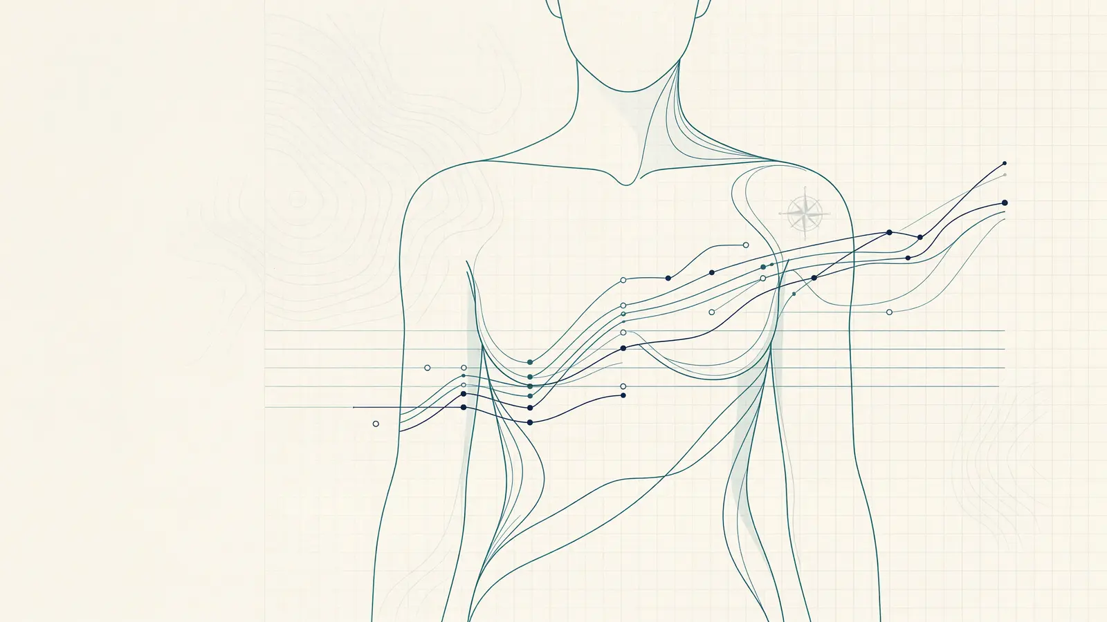 Editorial illustration of a person with sea-teal trend lines rising across a panel of blood-test results.